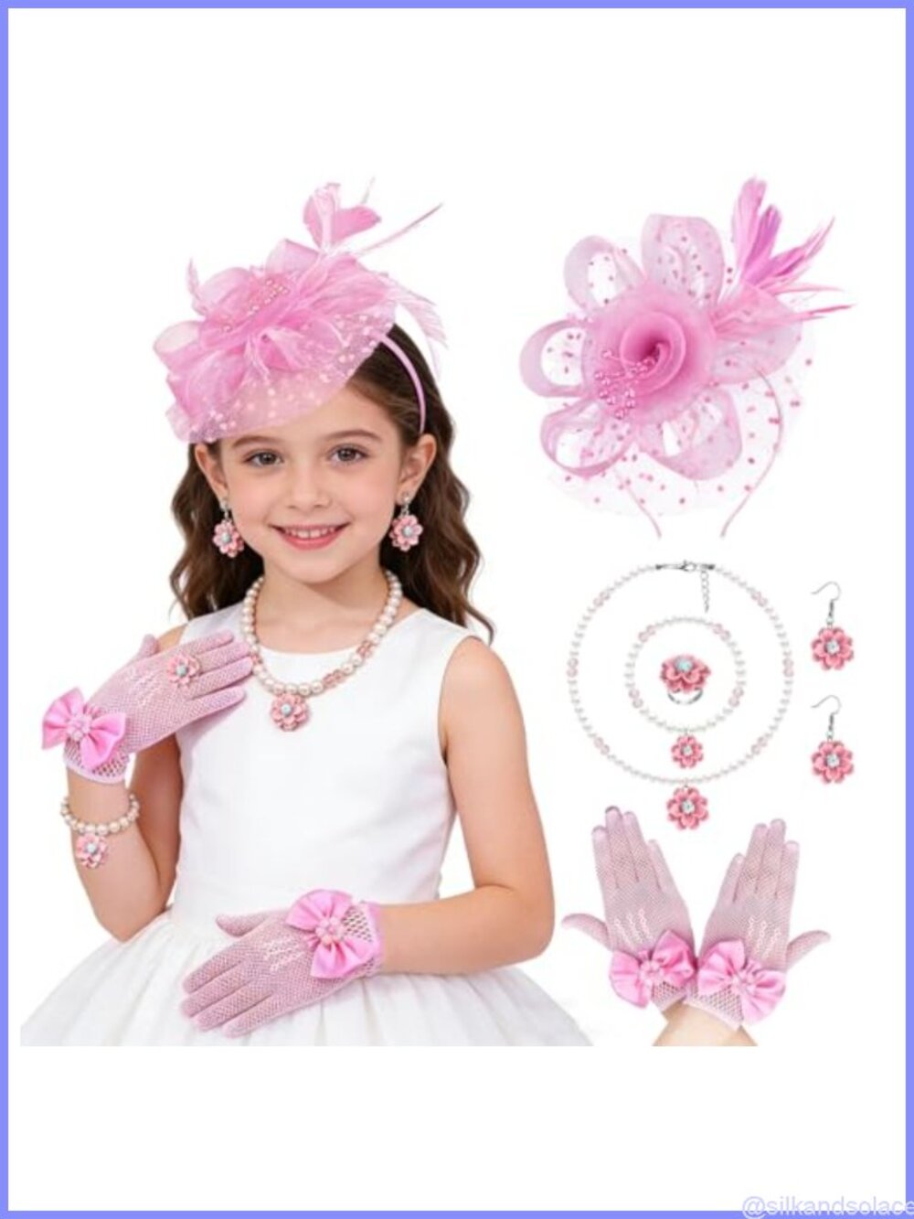 Girls Tea Party Fascinator Headband Lace Gloves Faux Pearl Jewelry Set